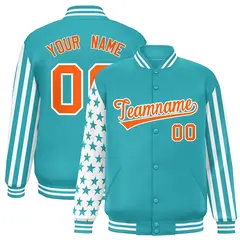Aqua American Flag Varsity Full-Snap Raglan Letterman Bomber Jacket