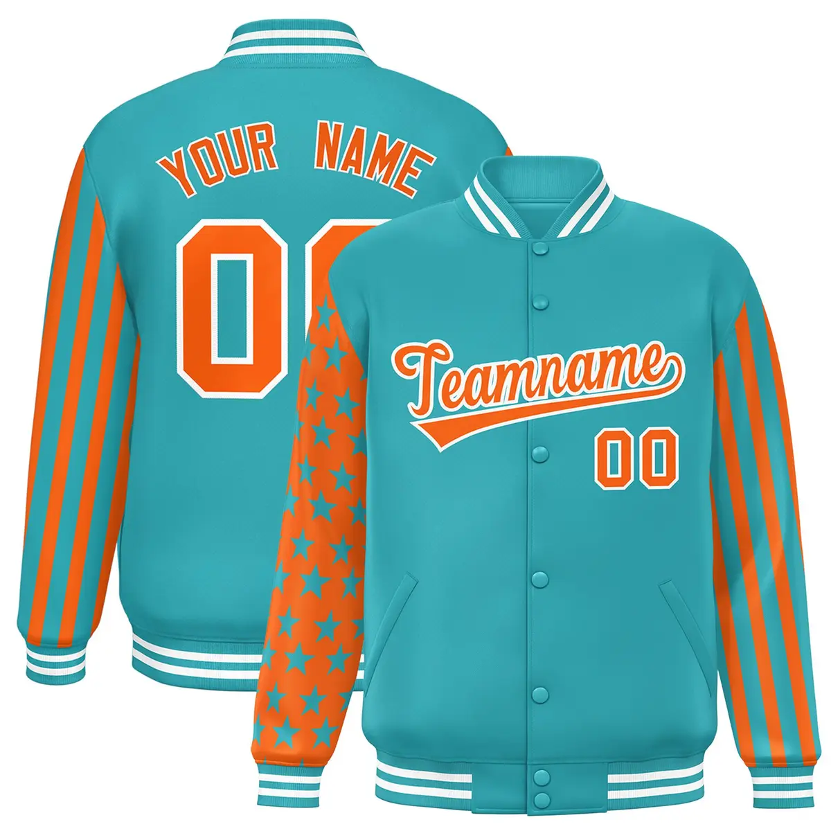 Aqua American Flag Varsity Full-Snap Raglan Letterman Bomber Jacket