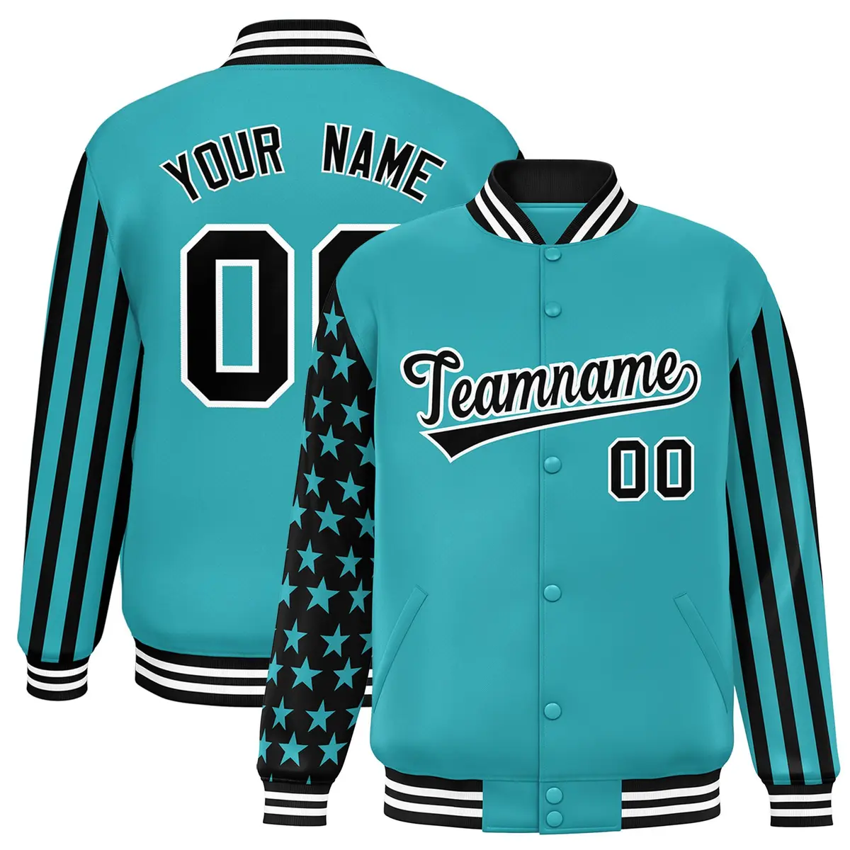 Aqua American Flag Varsity Full-Snap Raglan Letterman Bomber Jacket