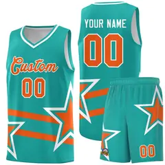Aqua Basketball Kit with Orange Star Pattern and Double Lines