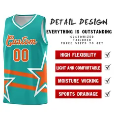 Aqua Basketball Kit with Orange Star Pattern and Double Lines 2