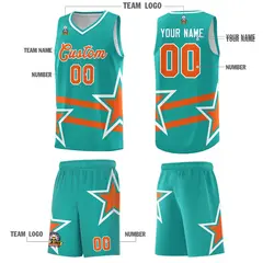 Aqua Basketball Kit with Orange Star Pattern and Double Lines 5