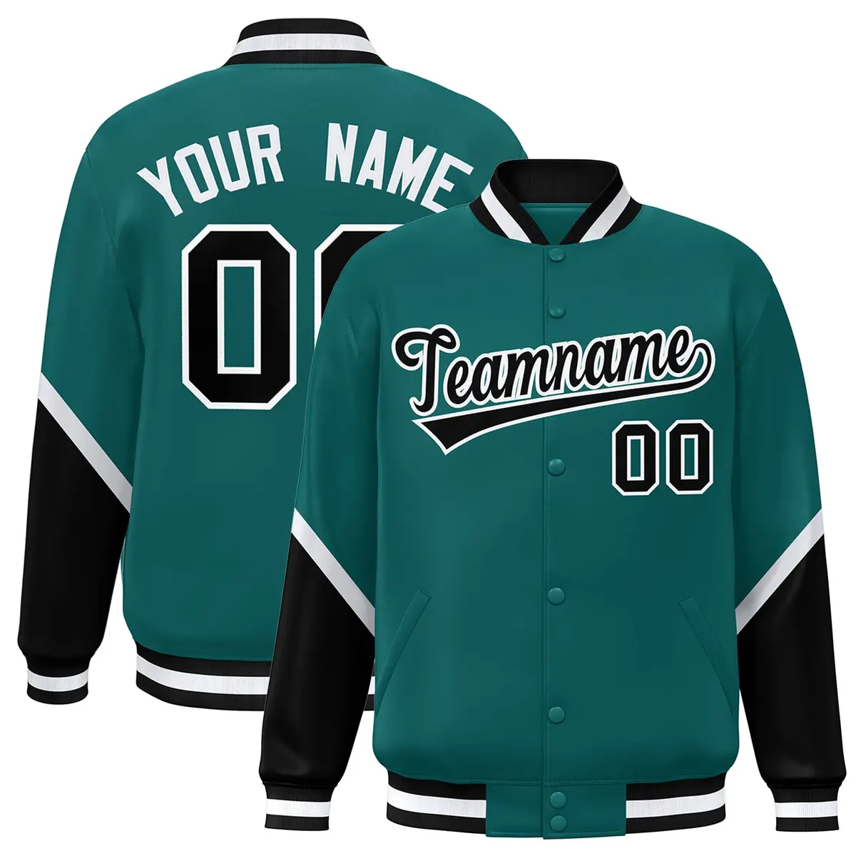 Aqua Black Color Block Full-Snap Varsity Letterman Baseball Jacket