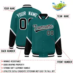 Aqua Black Color Block Full-Snap Varsity Letterman Baseball Jacket 2