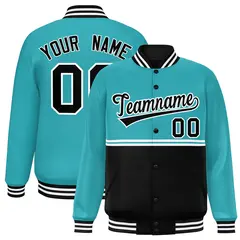 Aqua Black Color Block Varsity Full-Snap Letterman Jacket 1