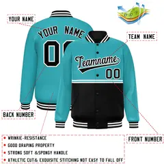Aqua Black Color Block Varsity Full-Snap Letterman Jacket 2
