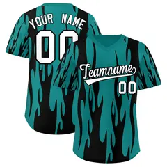 Aqua Black Flame Pattern Authentic Pullover Baseball Jersey 1