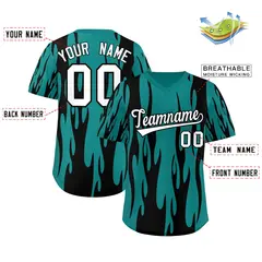 Aqua Black Flame Pattern Authentic Pullover Baseball Jersey 2