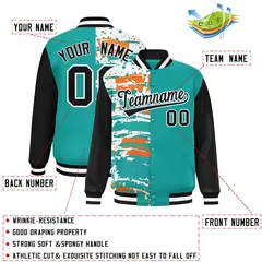 Aqua Black Graffiti Pattern Varsity Full-Snap Letterman Baseball Jacket 2