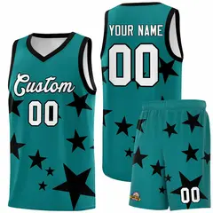 Aqua Black Graffiti Star Print Sports Basketball Jersey Sets
