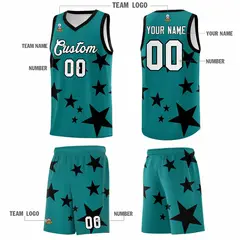 Aqua Black Graffiti Star Print Sports Basketball Jersey Sets 5