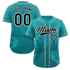 Aqua Black Gray Miami City Skyline Baseball Jersey 1