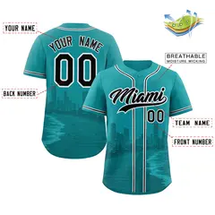 Aqua Black Gray Miami City Skyline Baseball Jersey 2