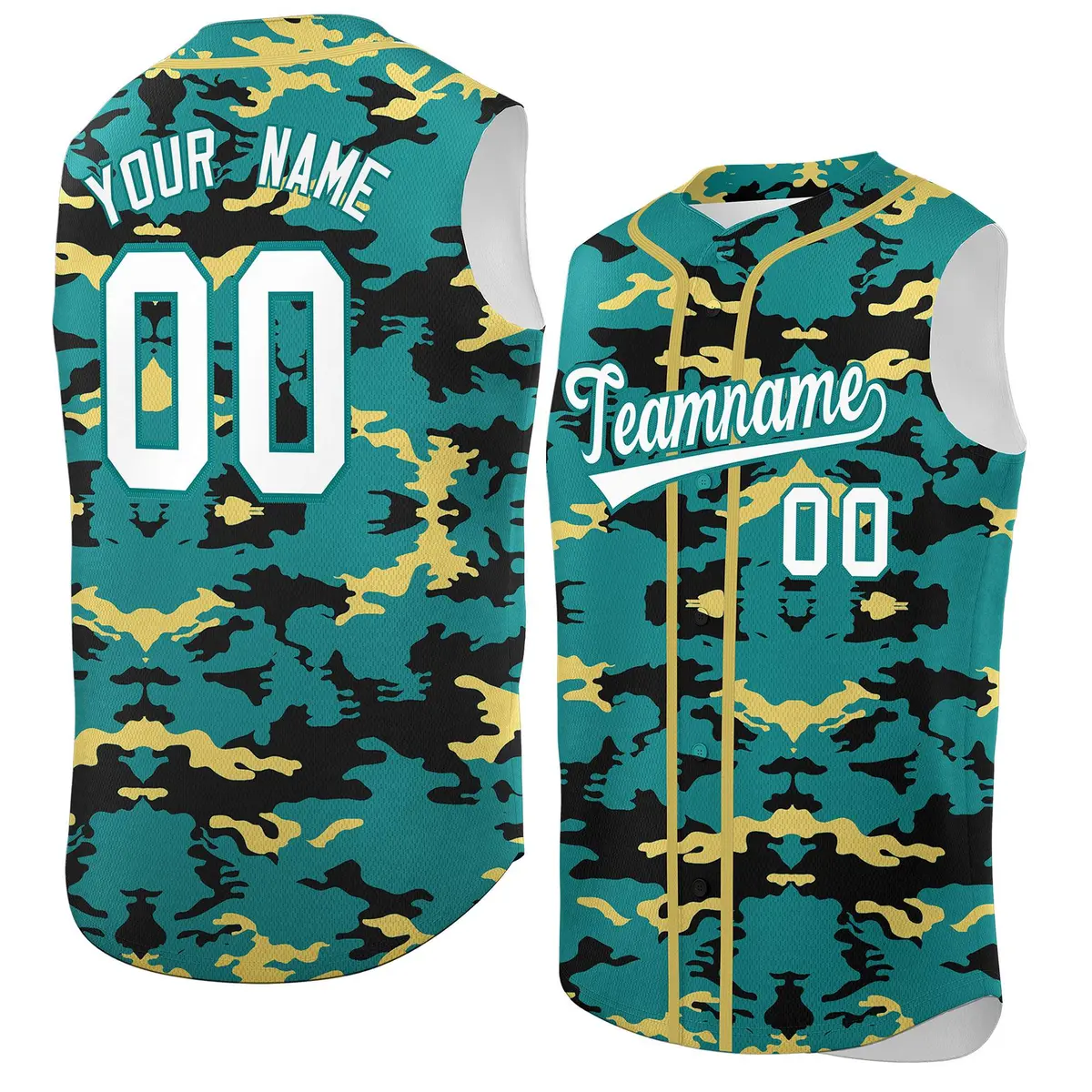 Aqua Black Khaki Camo Sleeveless Baseball Jersey