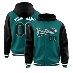 Aqua Black Raglan Full-Snap Varsity Letterman Two Tone Hoodie Jacket 1