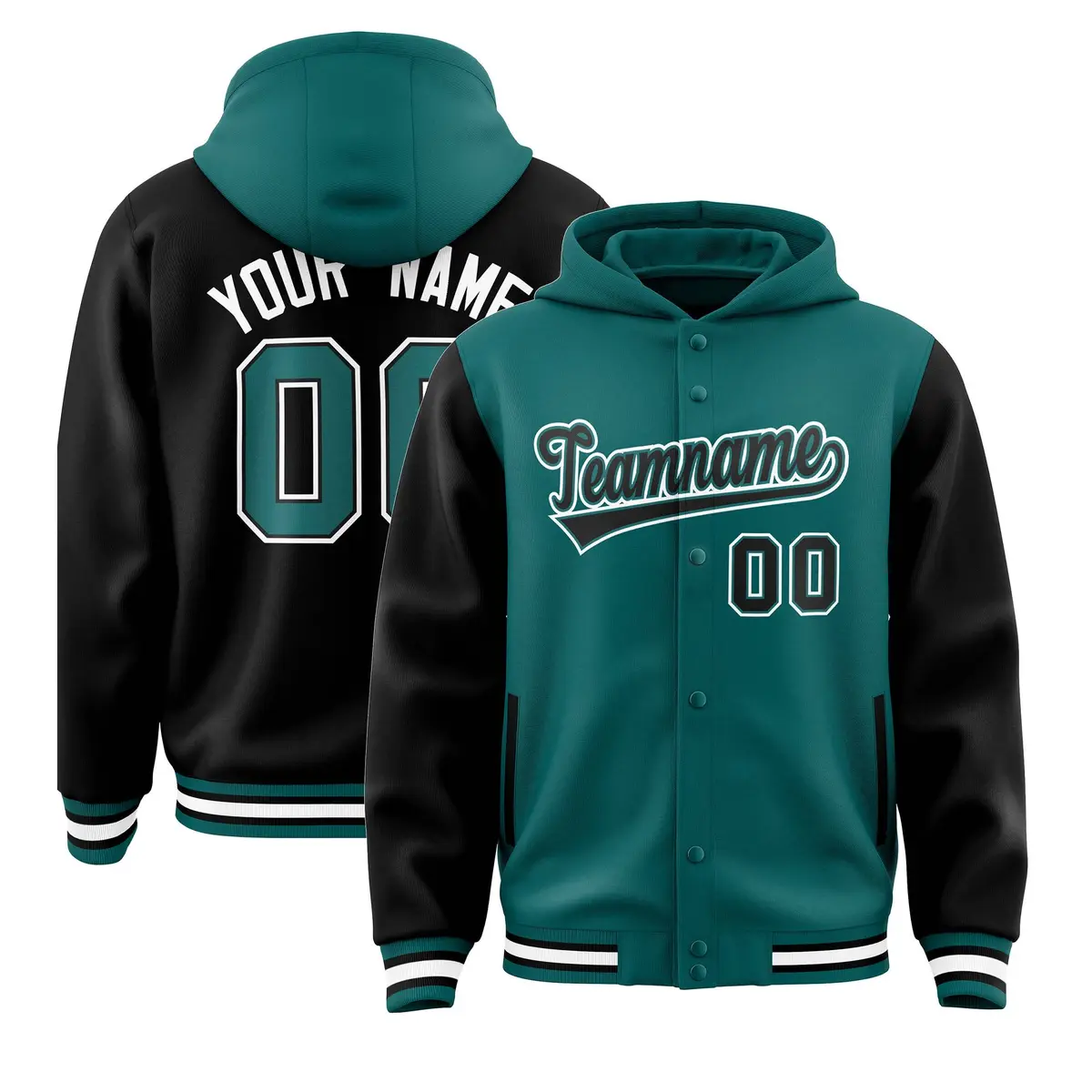 Aqua Black Raglan Full-Snap Varsity Letterman Two Tone Hoodie Jacket