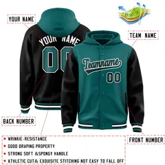 Aqua Black Raglan Full-Snap Varsity Letterman Two Tone Hoodie Jacket 4