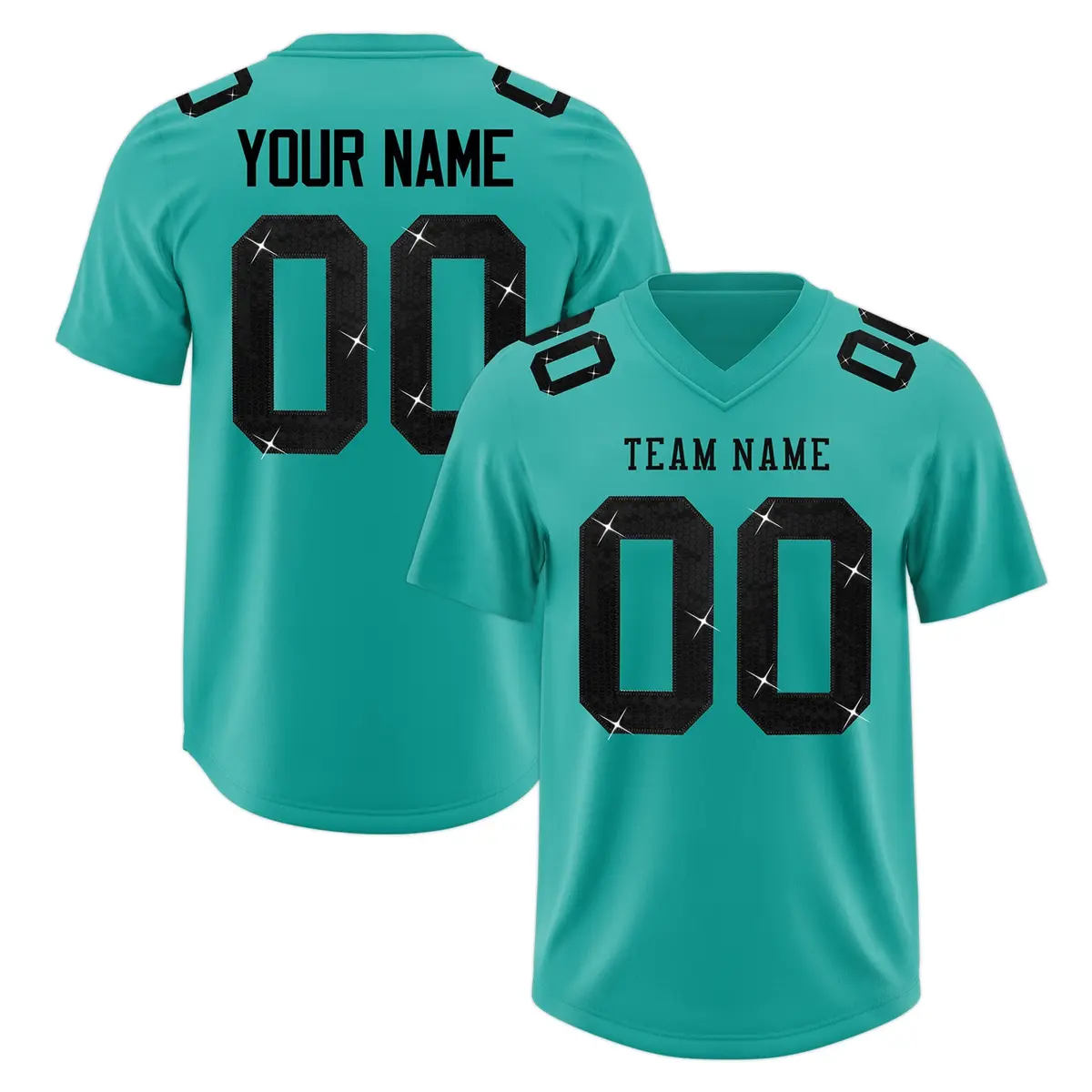 Aqua Black Sequin Lettering Moisture-Wicking Football Jersey