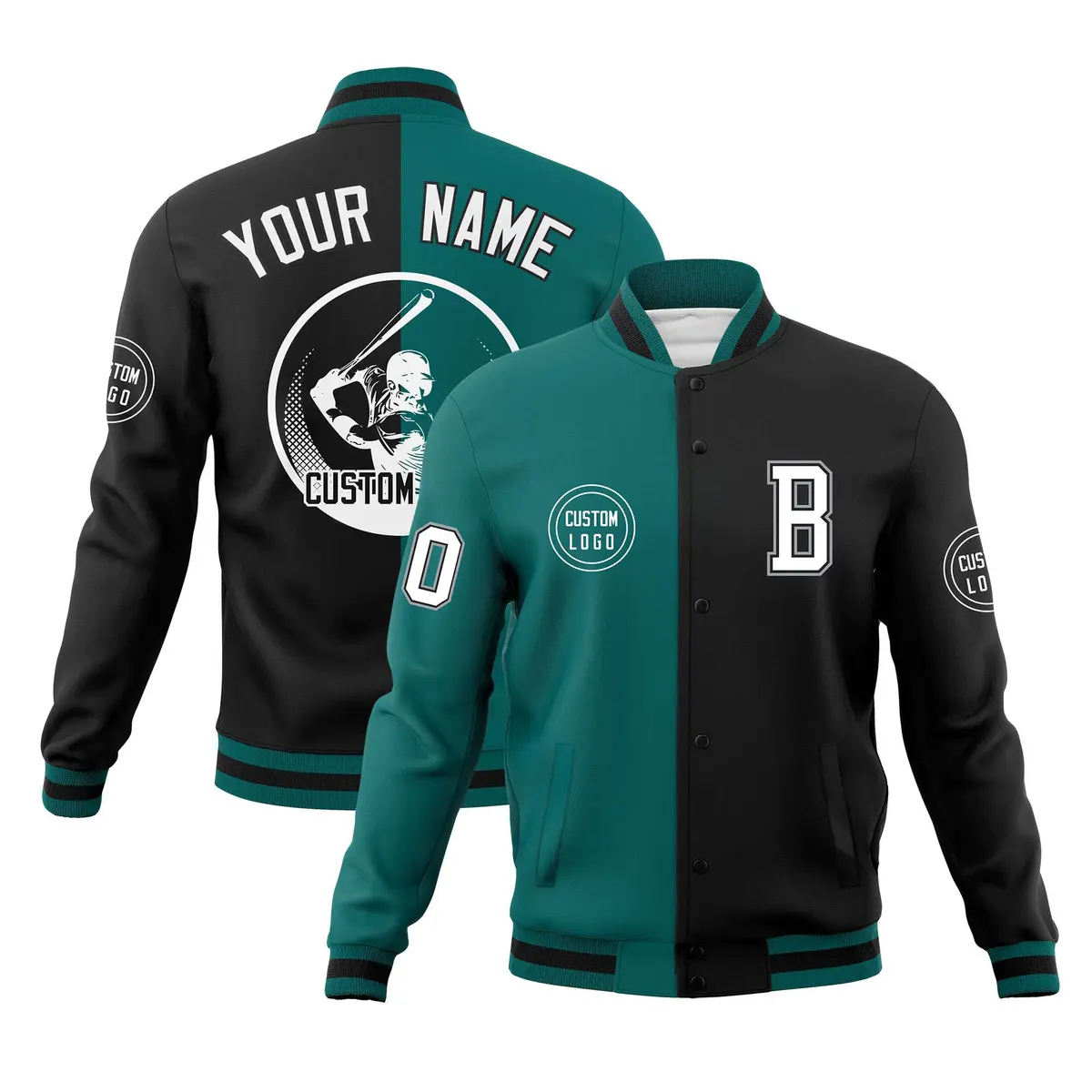 Aqua Black Split Letterman Varsity Full-Snap Baseball Jacket