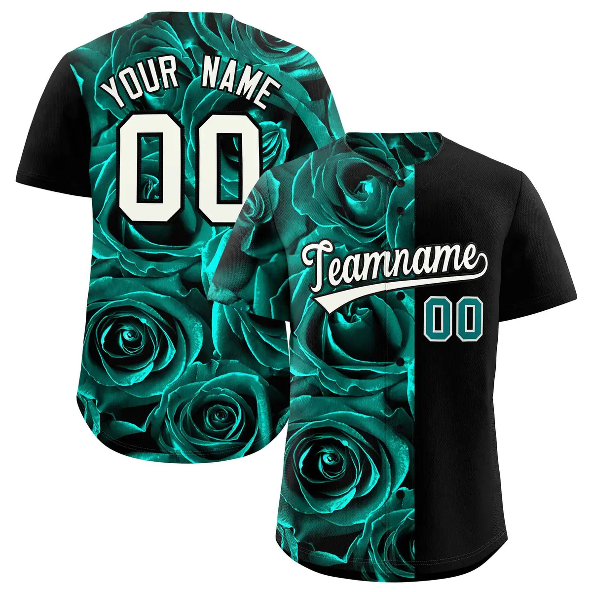 Aqua Black Split Rose Print Baseball Jersey