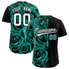 Aqua Black Split Rose Print Baseball Jersey