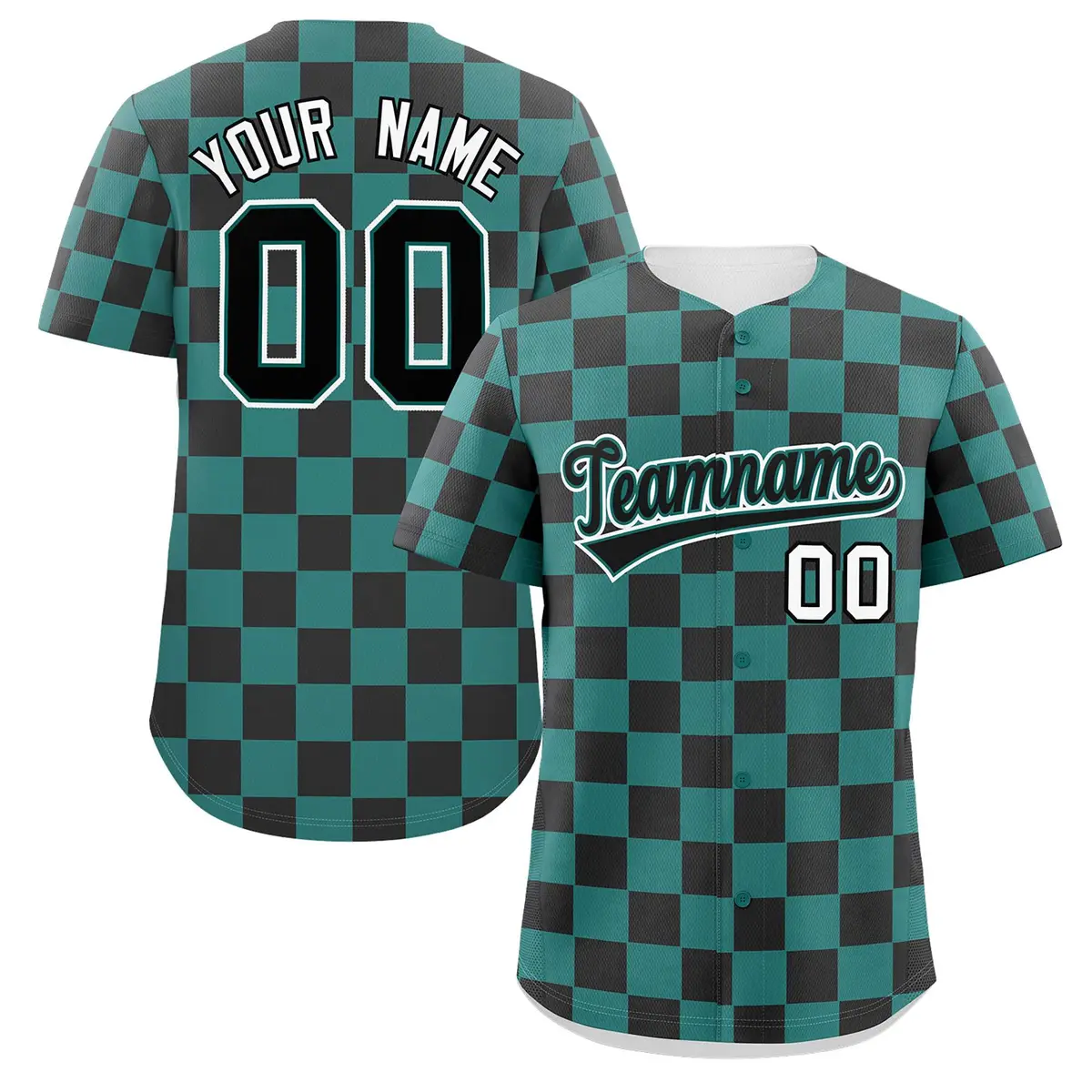Aqua Black Square Grid Color Block Baseball Jersey