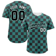 Aqua Black Square Grid Color Block Baseball Jersey 1