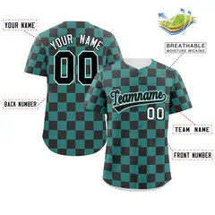 Aqua Black Square Grid Color Block Baseball Jersey 2