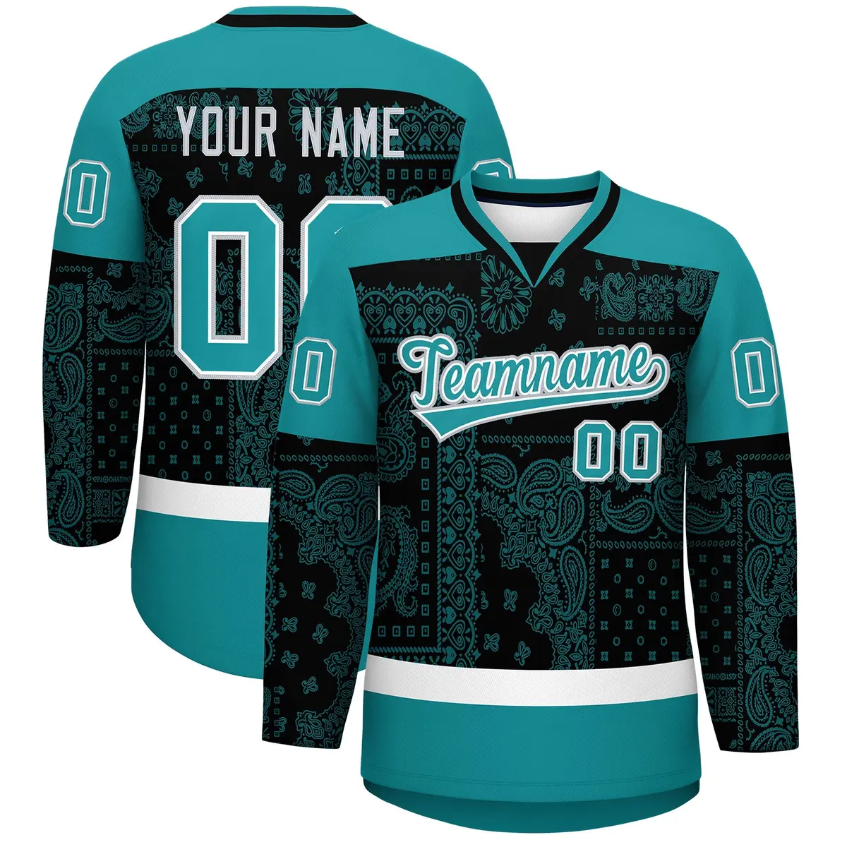 Aqua Black White Cashew Flower Graffiti V-Neck Hockey Jersey