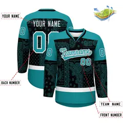 Aqua Black White Cashew Flower Graffiti V-Neck Hockey Jersey 2