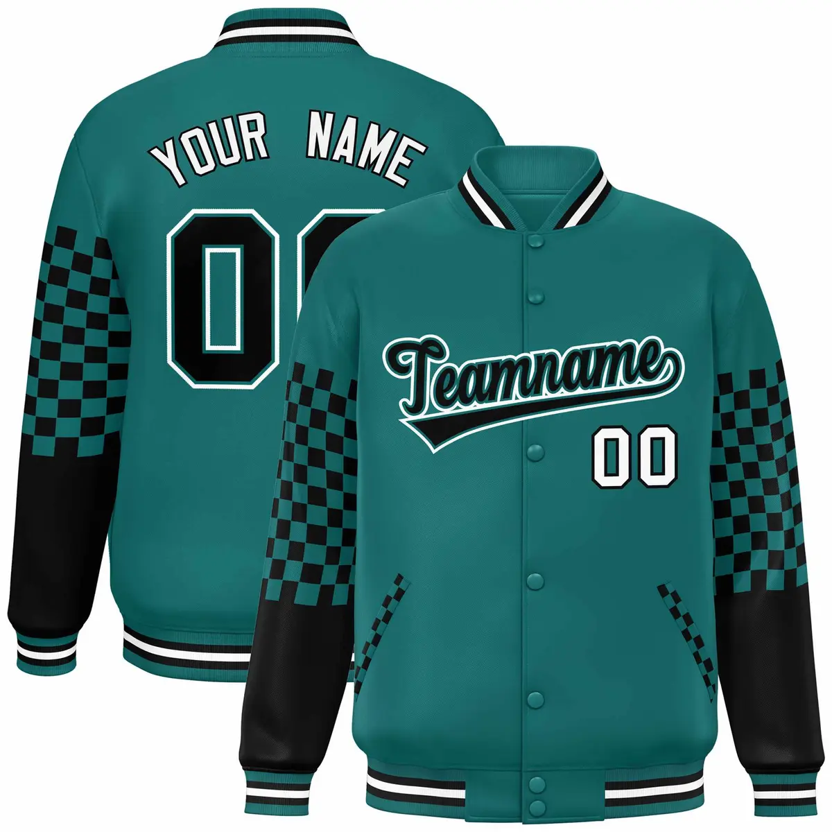 Aqua Black-White Checkered Color Block Bomber Varsity Jacket