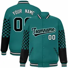 Aqua Black-White Checkered Color Block Bomber Varsity Jacket