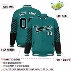 Aqua Black-White Checkered Color Block Bomber Varsity Jacket 2