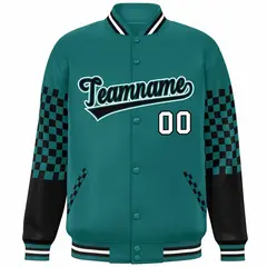 Aqua Black-White Checkered Color Block Bomber Varsity Jacket 3