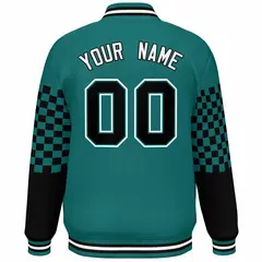 Aqua Black-White Checkered Color Block Bomber Varsity Jacket 4