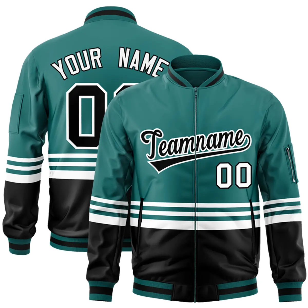 Aqua Black-White Color Block Varsity Letterman Bomber Jacket