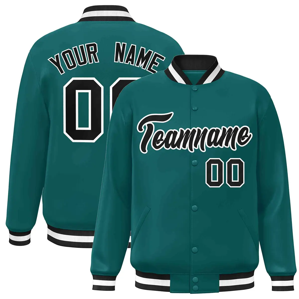 Aqua Black-White Full-Snap Varsity Letterman Jacket