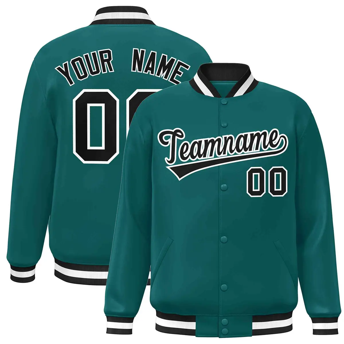 Aqua Black-White Full-Snap Varsity Letterman Jacket