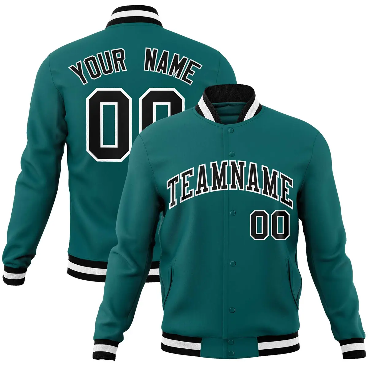 Aqua Black-White Full-Snap Varsity Letterman Jacket