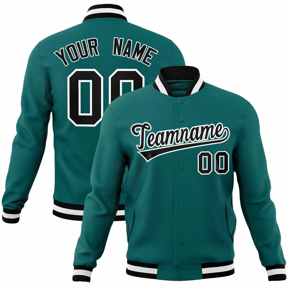Aqua Black-White Full-Snap Varsity Letterman Jacket
