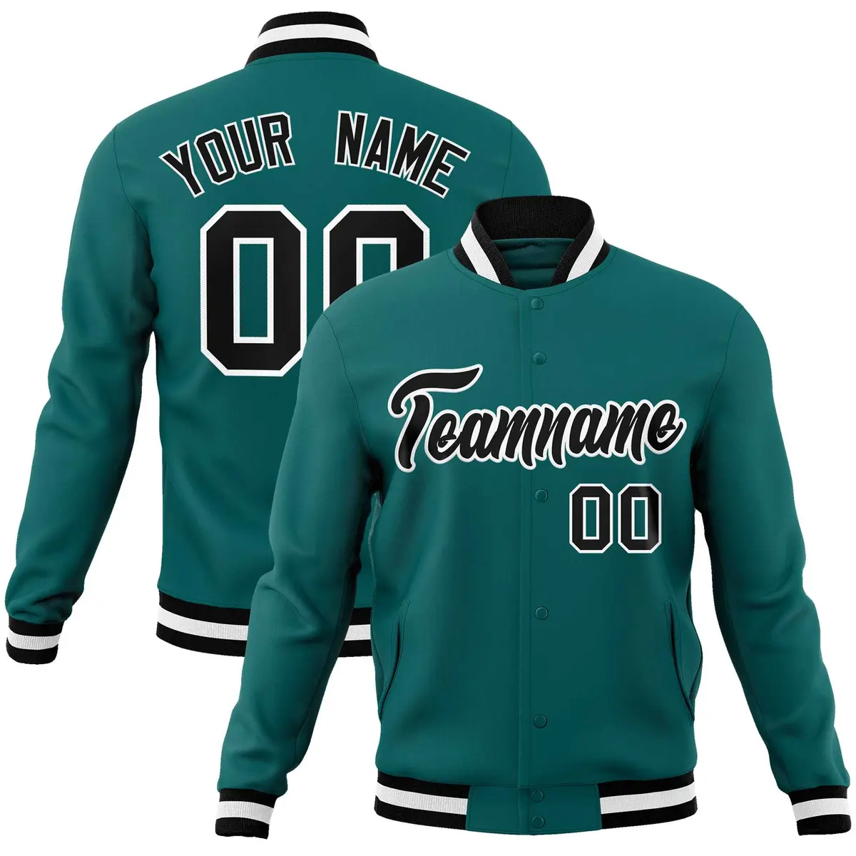 Aqua Black-White Full-Snap Varsity Letterman Jacket