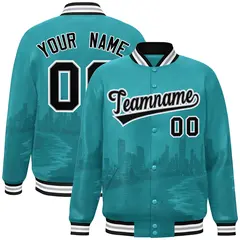Aqua Black-White Miami City Skyline Varsity Full-Snap Track Jacket