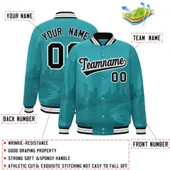 Aqua Black-White Miami City Skyline Varsity Full-Snap Track Jacket 2