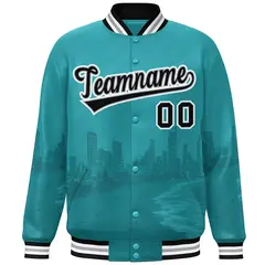 Aqua Black-White Miami City Skyline Varsity Full-Snap Track Jacket 3