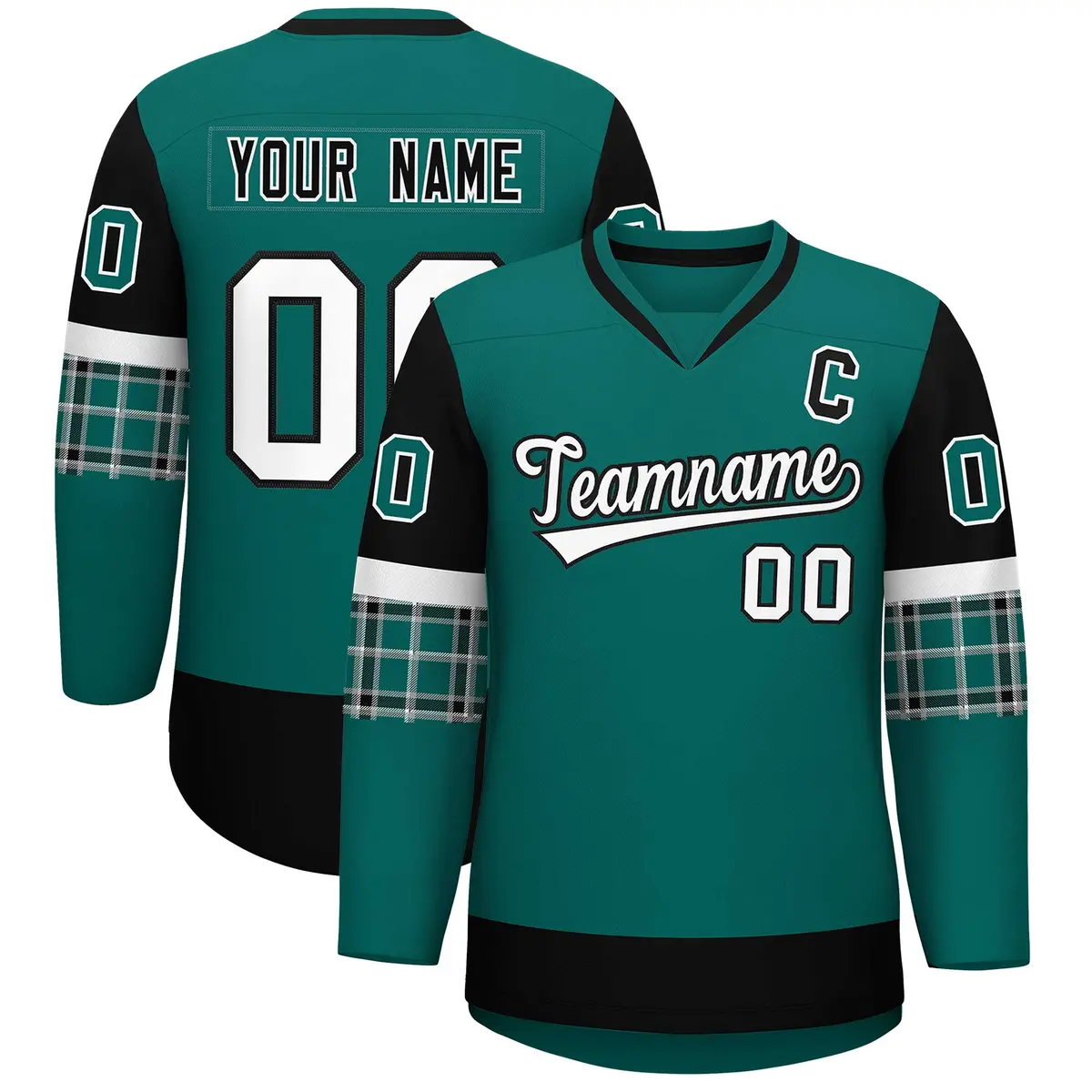 Aqua Black-White Raglan Sleeves V-Neck Hockey Jersey