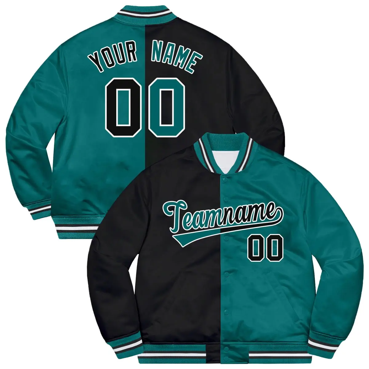 Aqua Black-White Split Two Tone Letterman Varsity Jacket