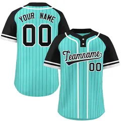 Aqua Black-White Stripe Raglan Sleeves Two-Button Softball Jersey