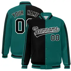 Aqua Black White Two Tone Color Block Varsity Bomber Jacket