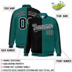 Aqua Black White Two Tone Color Block Varsity Bomber Jacket 2