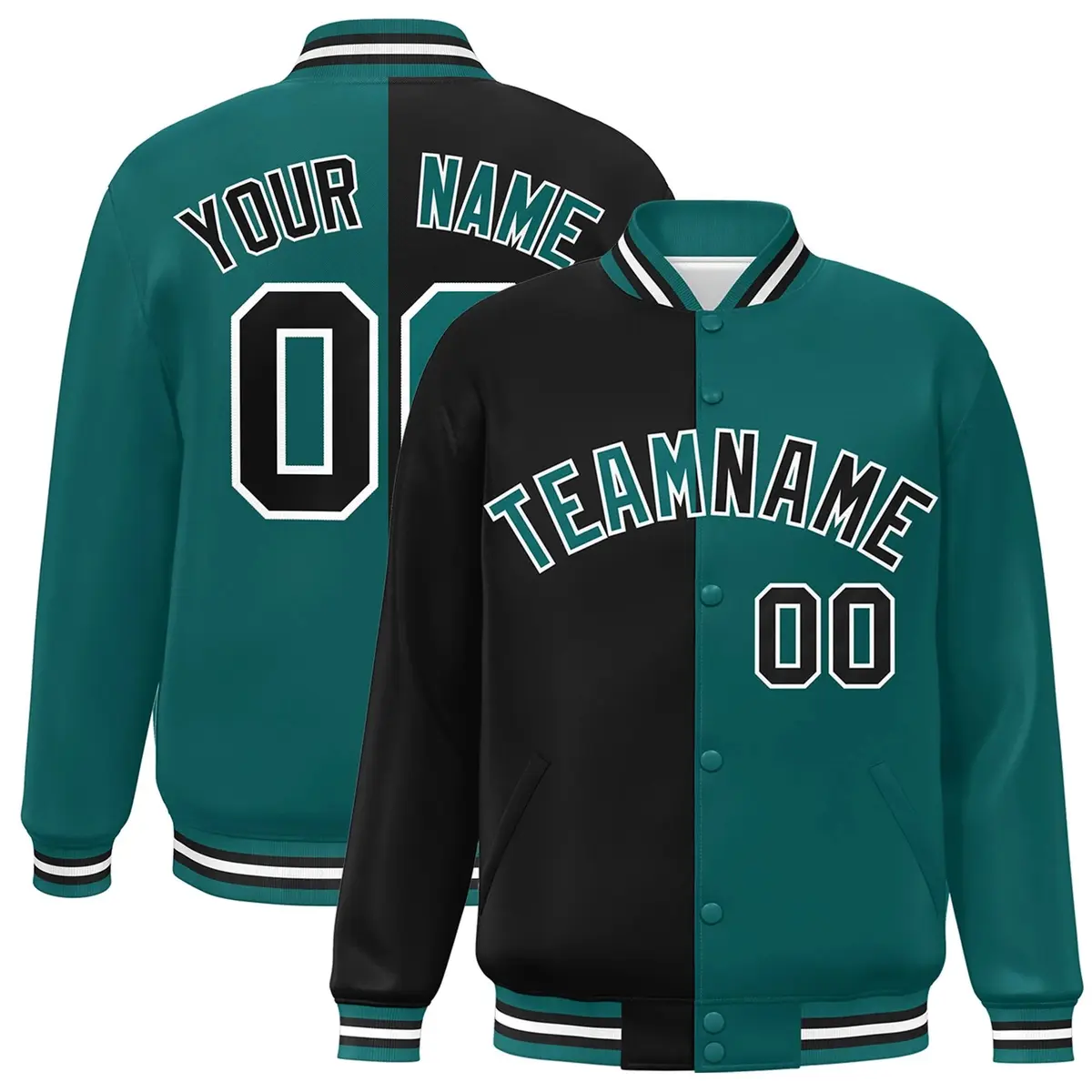 Aqua Black-White Two Tone Split Varsity Full-Snap Jacket